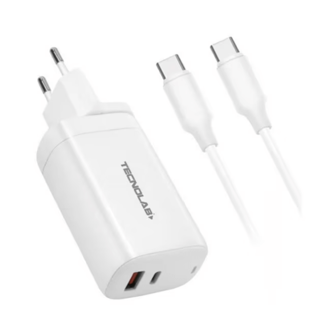 CARGADOR USB TECNOLAB USB CARGA RAPIDA + CABLE TIPO C A LIGHTNING BLANCO