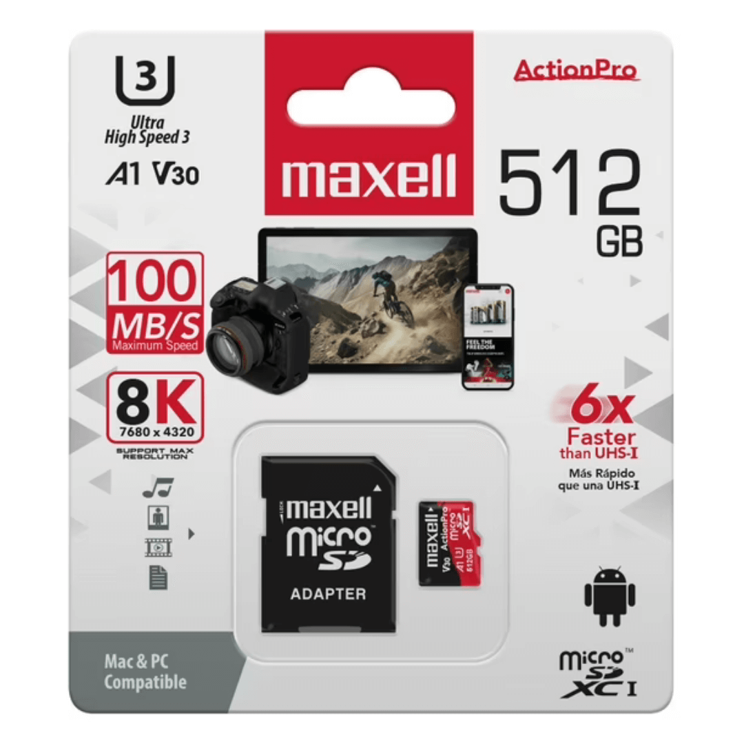 MEMORIA MICRO SD MAXELL 8K 100MB/S 512GB A1 V30 MCSD-512U3