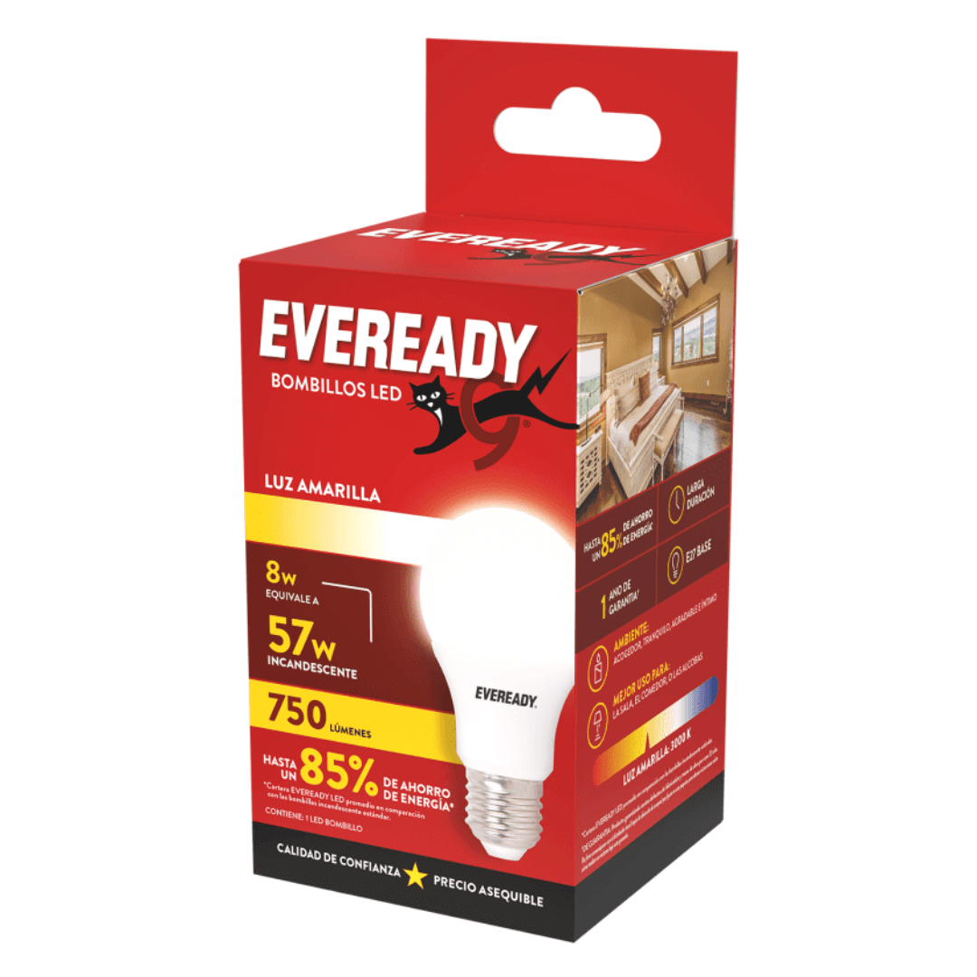 PACK AMPOLLETAS LED EVEREADY 57W LUZ AMARILLA 10 UNIDADES EV8A750A-A