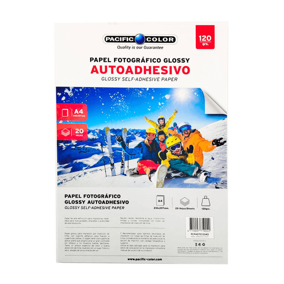 PAPEL FOTOGRAFICO GLOSSY PACIFIC COLOR AUTOADHESIVO 120GR A4 20 HOJAS